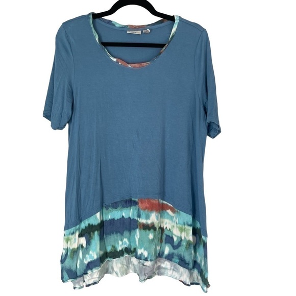 LOGO Lori Goldstein Knit High Low Peplum Top Printed Trim - Picture 1 of 10